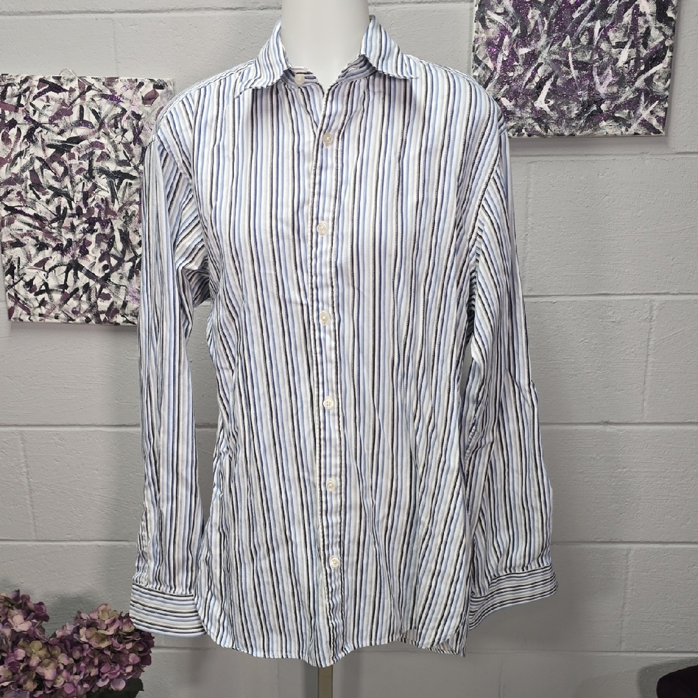 MICHAEL Michael Kors White Button-Up Shirt with Blue and Black Stripes